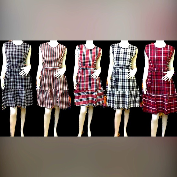 Polished neutral plaid A-line statement dress with a removable self-tie belt. - Picture 9 of 11